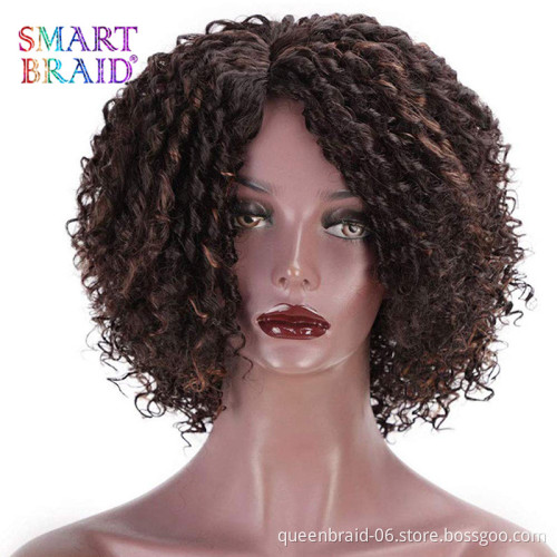 Wholesale Mixed Brown 14 Inch Shoulder Length Short Afro Curly Wig With Bangs Kinky Fluffy Synthetic Hair Wigs For Black Women